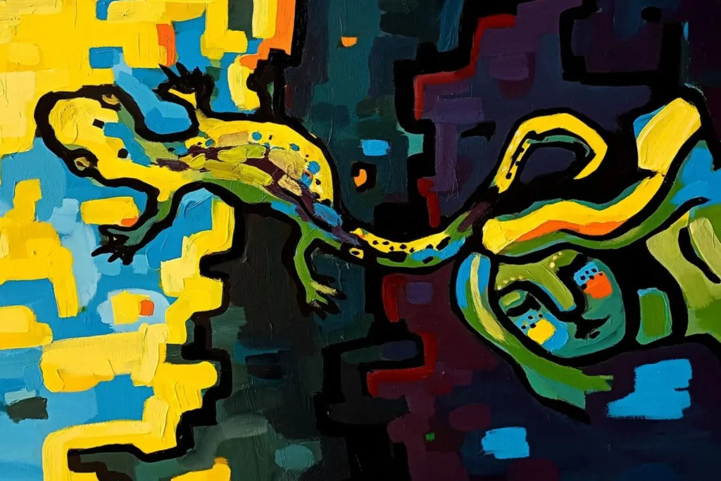 Helen Bunderi teos "Berta vesilikuga" - kollase, sinise ja tumedate toonidega maal